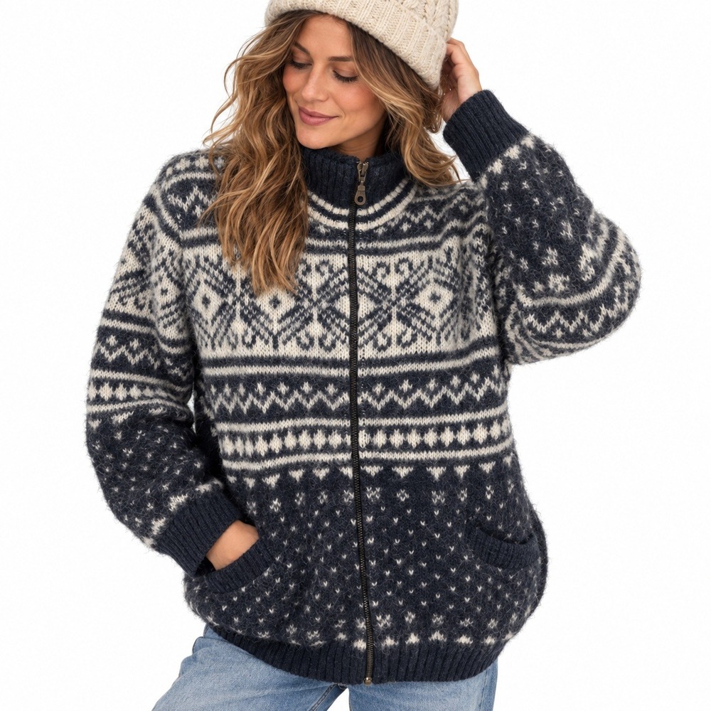 Freyja Icelandic Wool Sweater M Nordic Fair Isle Zip Cardigan Made Canada